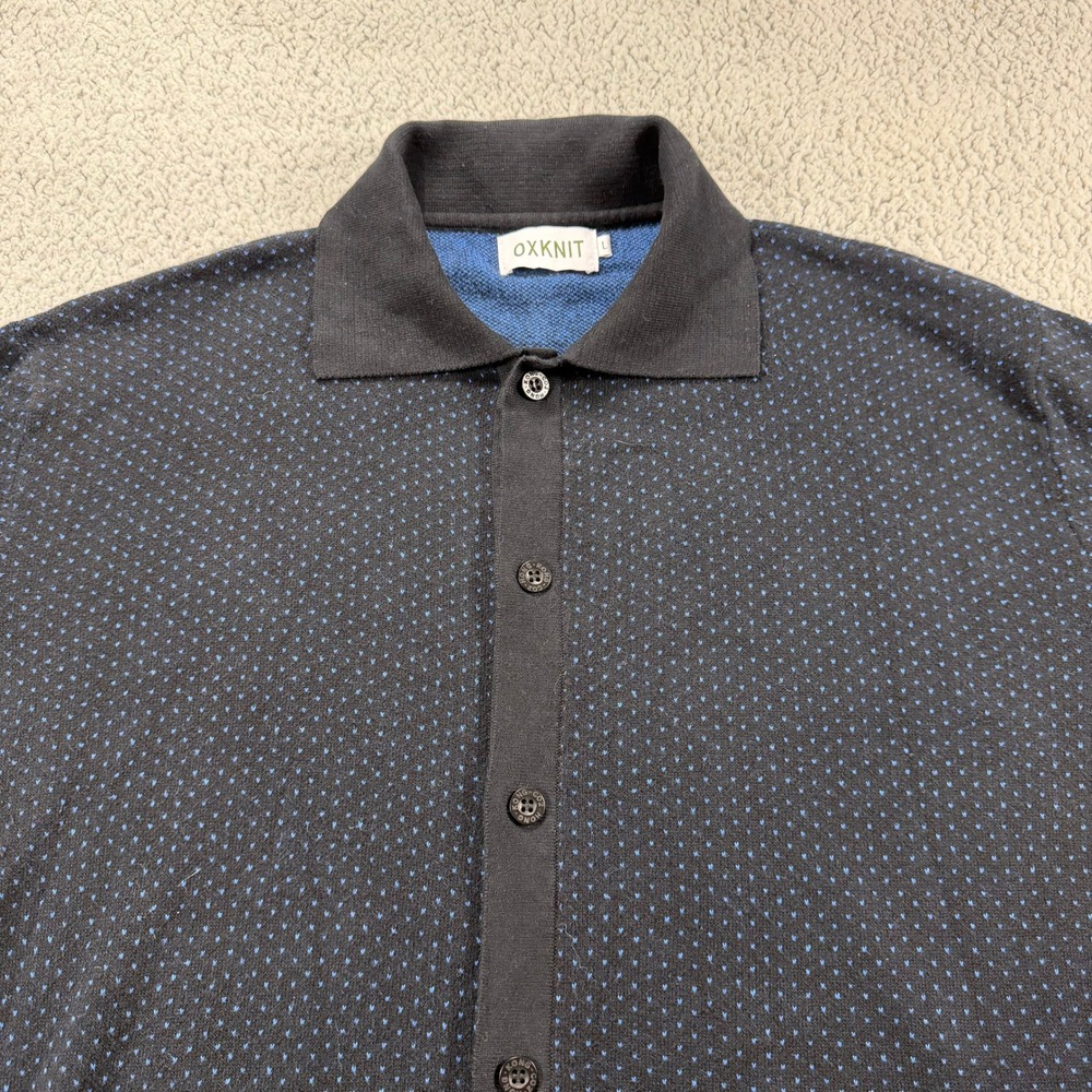 OXKNIT Mens Knit Button Down Shirt Large Black Blue Geometric Short Sleeve